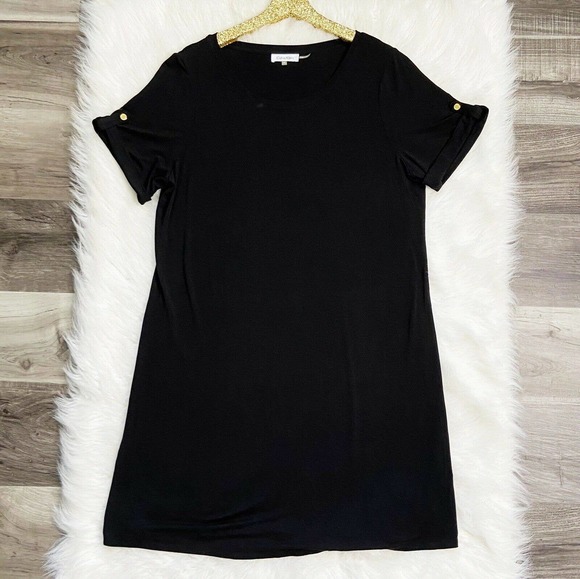 Calvin Klein Dresses & Skirts - Calvin Klein Dress Black Short Sleeve Shift T Shirt Dress Gold Button 0X